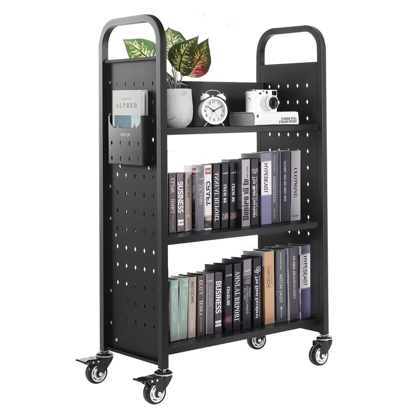 Ripojošs bibliotēkas grāmatu ratiņš, 150 kg kravnesība, 77 × 38 × 122 cm, ar vienpusējiem L veida plauktiem un 76,2 mm fiksējamiem riteņiem, grāmatu ratiņš mājai, birojam un skolai, melns