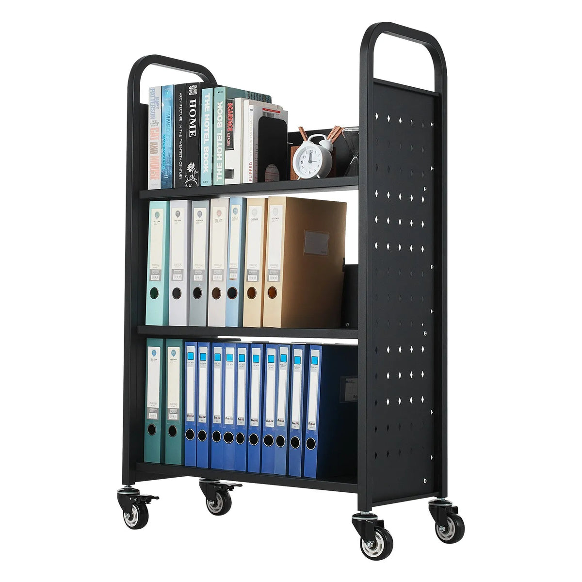 Mobile Library Book Trolley, 150 kg Capacity, 77 × 38 × 122 cm, with Single-Sided L-Shaped Shelves and 76.2 mm Lockable Wheels, Book Cart for Home, Office and School, Black