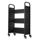 Ripojošs bibliotēkas grāmatu ratiņš, 150 kg kravnesība, 77 × 38 × 122 cm, ar vienpusējiem L veida plauktiem un 76,2 mm fiksējamiem riteņiem, grāmatu ratiņš mājai, birojam un skolai, melns