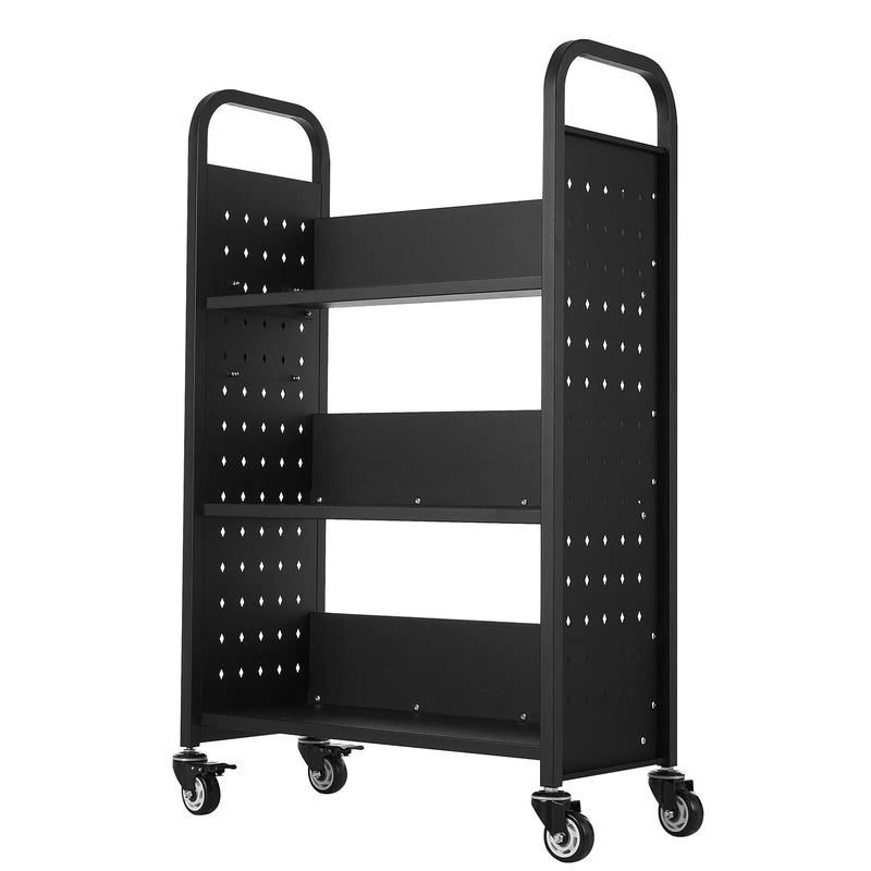 Ripojošs bibliotēkas grāmatu ratiņš, 150 kg kravnesība, 77 × 38 × 122 cm, ar vienpusējiem L veida plauktiem un 76,2 mm fiksējamiem riteņiem, grāmatu ratiņš mājai, birojam un skolai, melns