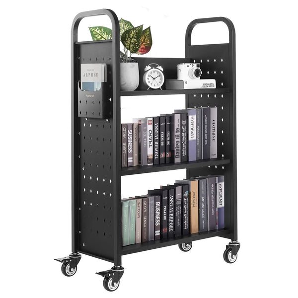 Ripojošs bibliotēkas grāmatu ratiņš, 150 kg kravnesība, 77 × 38 × 122 cm, ar vienpusējiem L veida plauktiem un 76,2 mm fiksējamiem riteņiem, grāmatu ratiņš mājai, birojam un skolai, melns