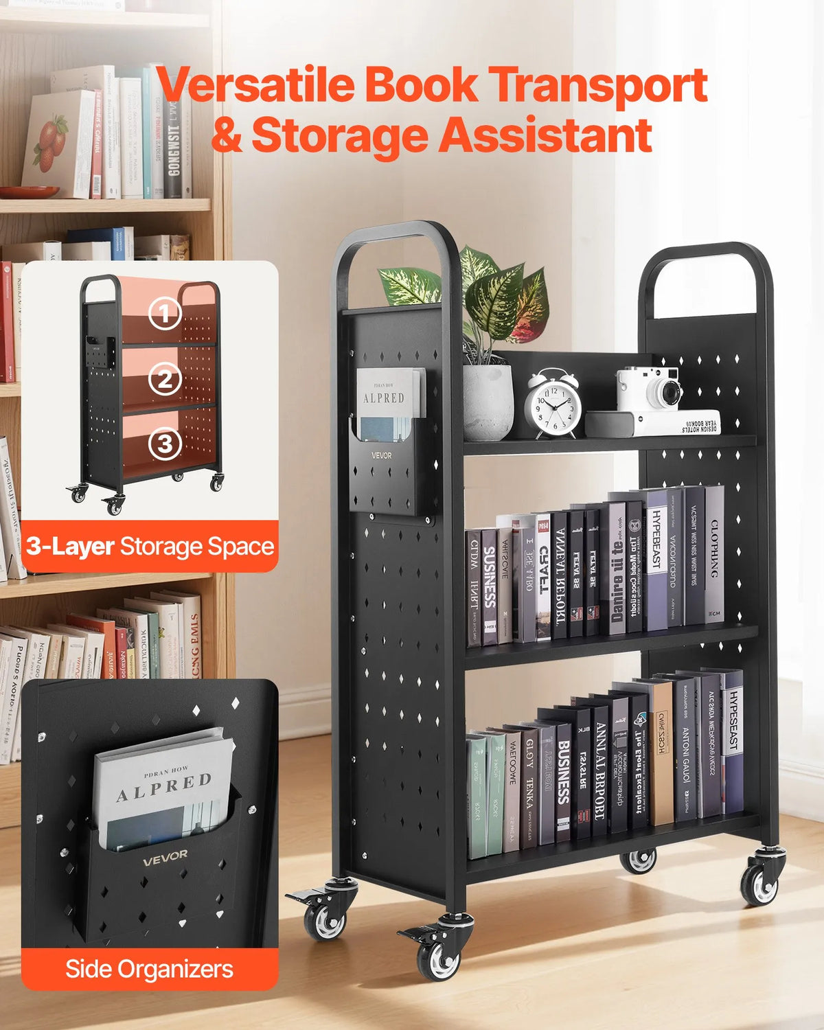 Mobile Library Book Trolley, 150 kg Capacity, 77 × 38 × 122 cm, with Single-Sided L-Shaped Shelves and 76.2 mm Lockable Wheels, Book Cart for Home, Office and School, Black