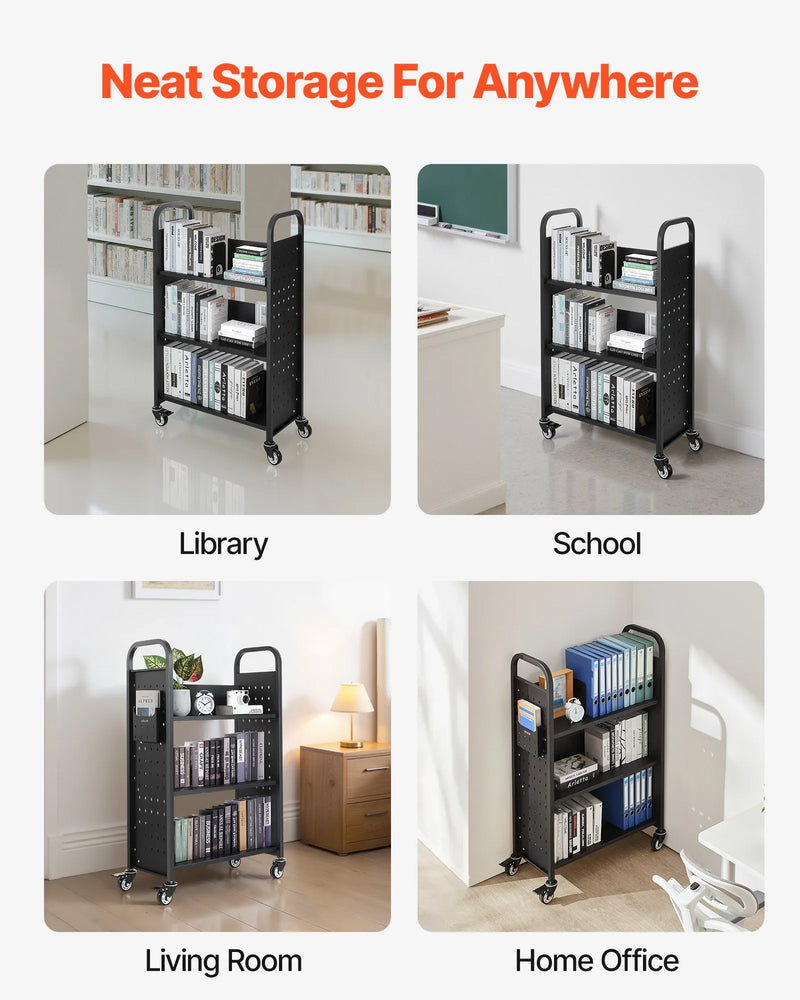 Ripojošs bibliotēkas grāmatu ratiņš, 150 kg kravnesība, 77 × 38 × 122 cm, ar vienpusējiem L veida plauktiem un 76,2 mm fiksējamiem riteņiem, grāmatu ratiņš mājai, birojam un skolai, melns