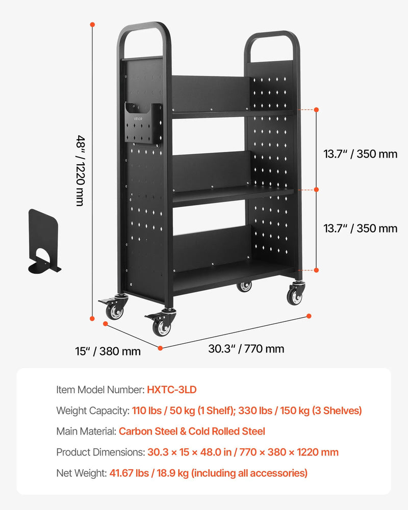 Ripojošs bibliotēkas grāmatu ratiņš, 150 kg kravnesība, 77 × 38 × 122 cm, ar vienpusējiem L veida plauktiem un 76,2 mm fiksējamiem riteņiem, grāmatu ratiņš mājai, birojam un skolai, melns