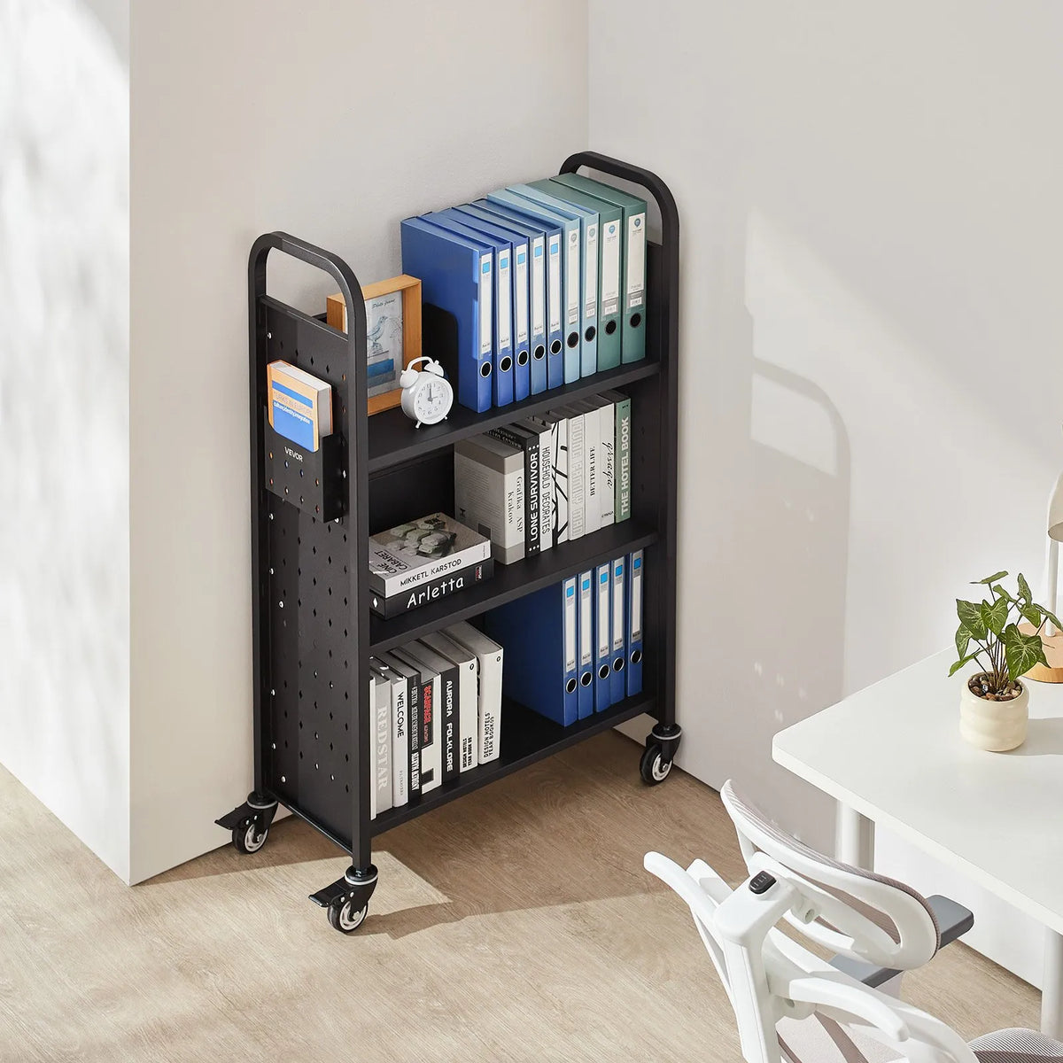Mobile Library Book Trolley, 150 kg Capacity, 77 × 38 × 122 cm, with Single-Sided L-Shaped Shelves and 76.2 mm Lockable Wheels, Book Cart for Home, Office and School, Black