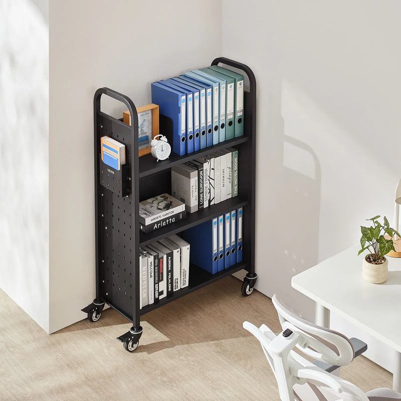 Ripojošs bibliotēkas grāmatu ratiņš, 150 kg kravnesība, 77 × 38 × 122 cm, ar vienpusējiem L veida plauktiem un 76,2 mm fiksējamiem riteņiem, grāmatu ratiņš mājai, birojam un skolai, melns