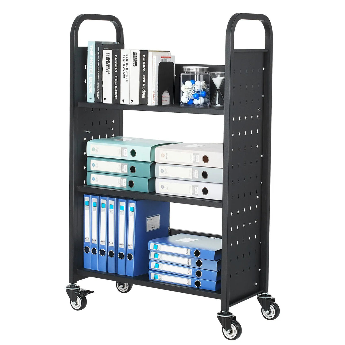 Mobile Library Book Trolley, 150 kg Capacity, 77 × 38 × 122 cm, with Single-Sided L-Shaped Shelves and 76.2 mm Lockable Wheels, Book Cart for Home, Office and School, Black