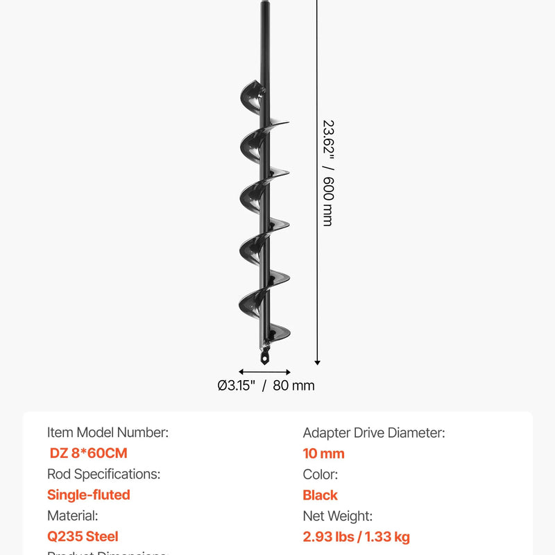 Zemes urbšanas un stādīšanas spirālurbis 80 × 600 mm