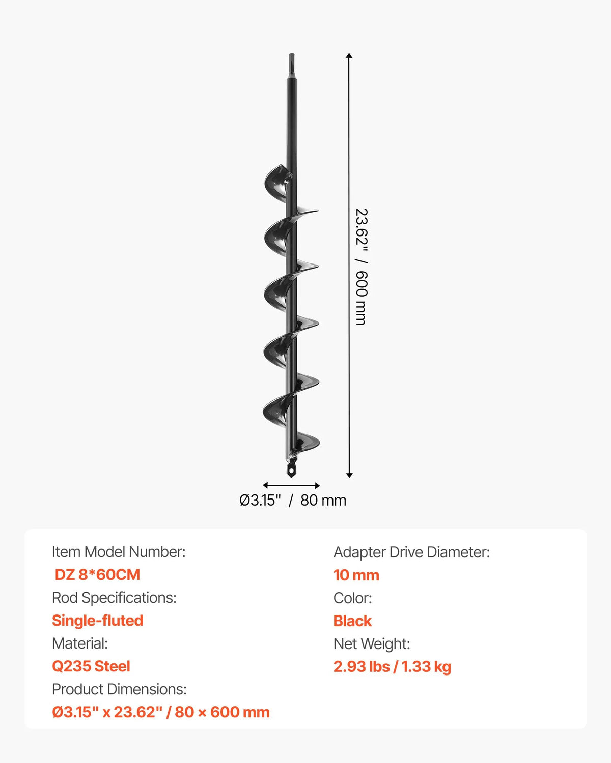 Ground auger drill 80 × 600 mm