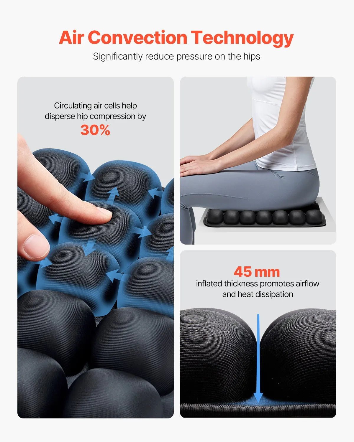 VEVOR piepūšams sēdekļa spilvens ar 3D gaisa šūnu struktūru, spiediena samazināšanas spilvens no Lycra un TPU ar manuālo pumpi, viegls un portatīvs, piemērots ratiņkrēsliem, birojam, automašīnām un ceļošanai - ZEMLETES.LV