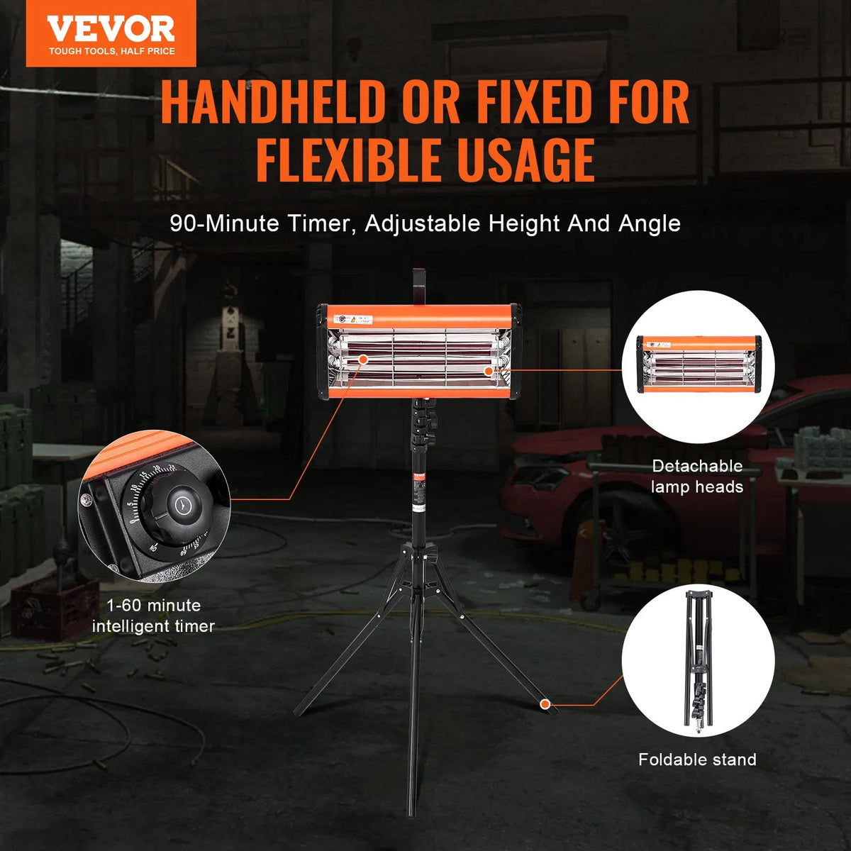 VEVOR 2000 W Portable/Stand Infrared Paint Drying Lamp for Car Drying and Heating
