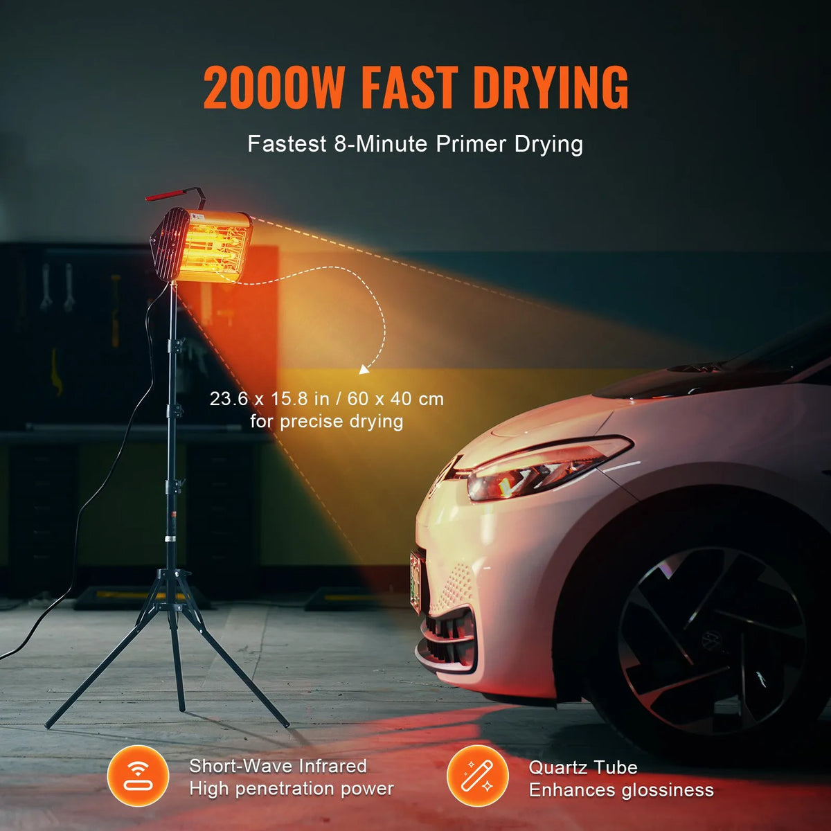 VEVOR 2000 W Portable/Stand Infrared Paint Drying Lamp for Car Drying and Heating