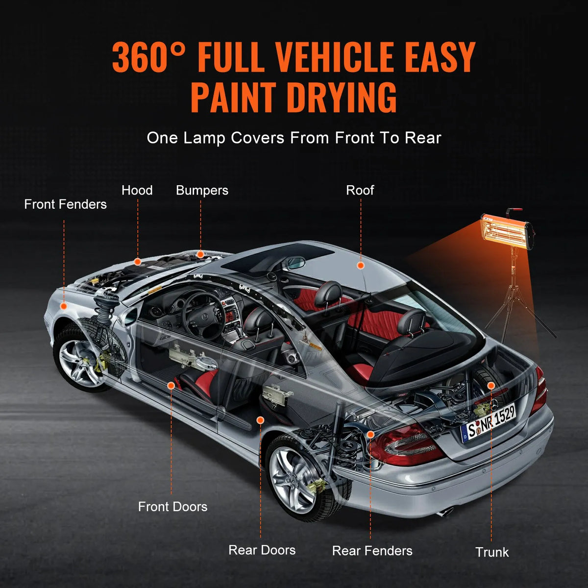 VEVOR 2000 W Portable/Stand Infrared Paint Drying Lamp for Car Drying and Heating