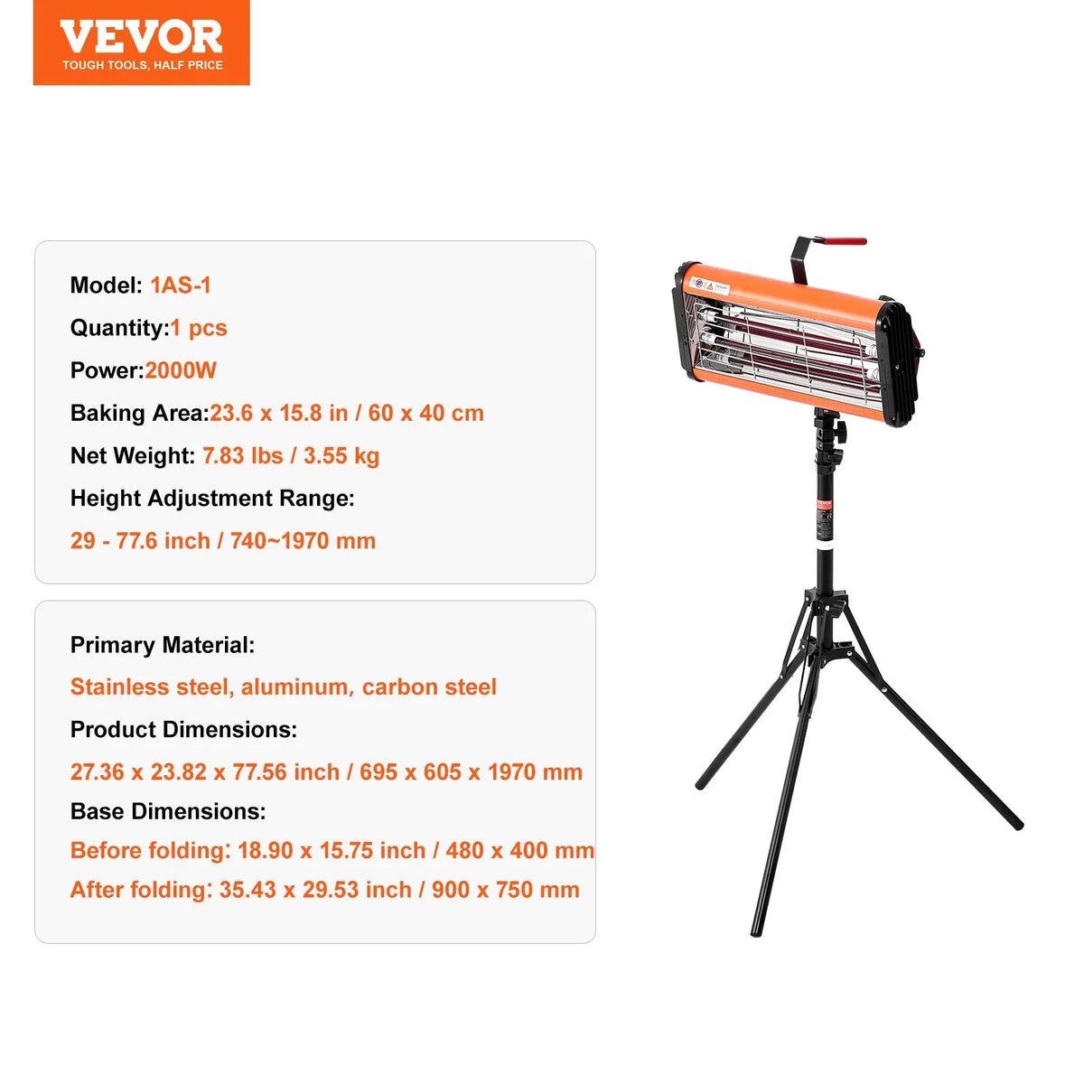 VEVOR 2000 W Portable/Stand Infrared Paint Drying Lamp for Car Drying and Heating