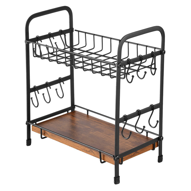 VEVOR 2 līmeņu kafijas bāra organizators ar 12 pārvietojamiem āķiem un krūžu turētāju galda virsmai