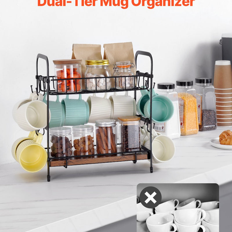 VEVOR 2 līmeņu kafijas bāra organizators ar 12 pārvietojamiem āķiem un krūžu turētāju galda virsmai