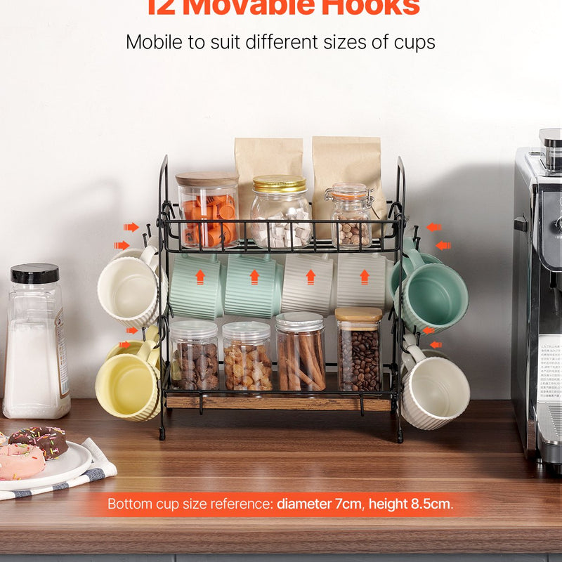 VEVOR 2 līmeņu kafijas bāra organizators ar 12 pārvietojamiem āķiem un krūžu turētāju galda virsmai