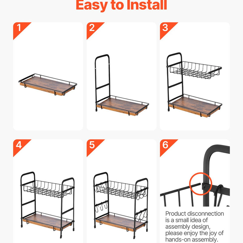 VEVOR 2 līmeņu kafijas bāra organizators ar 12 pārvietojamiem āķiem un krūžu turētāju galda virsmai