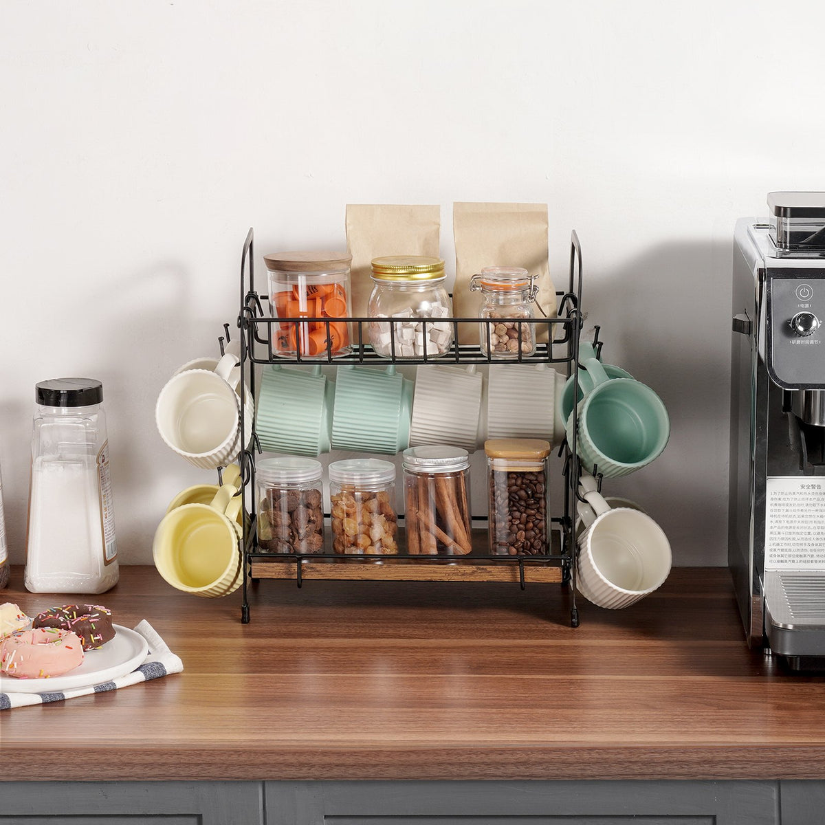 VEVOR Coffee Bar Organiser 2 Tiers with 12 Movable Hooks and Mug Holder