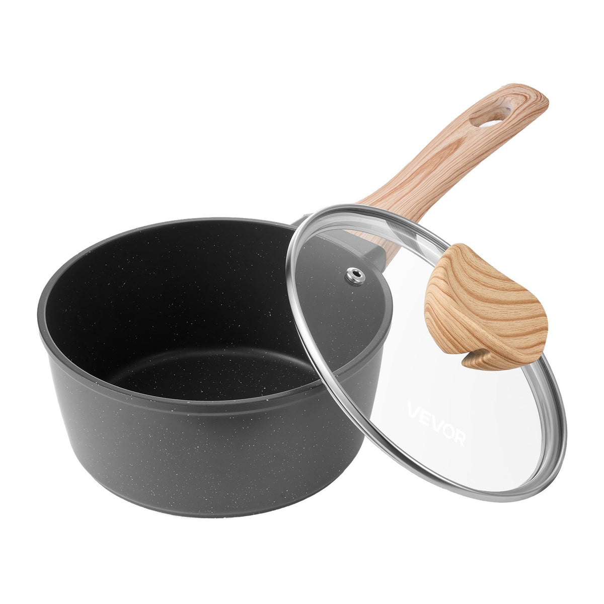 VEVOR Saucepan 1.5 L with Non-Stick Coating, Glass Lid and Removable Handle, Induction, Black