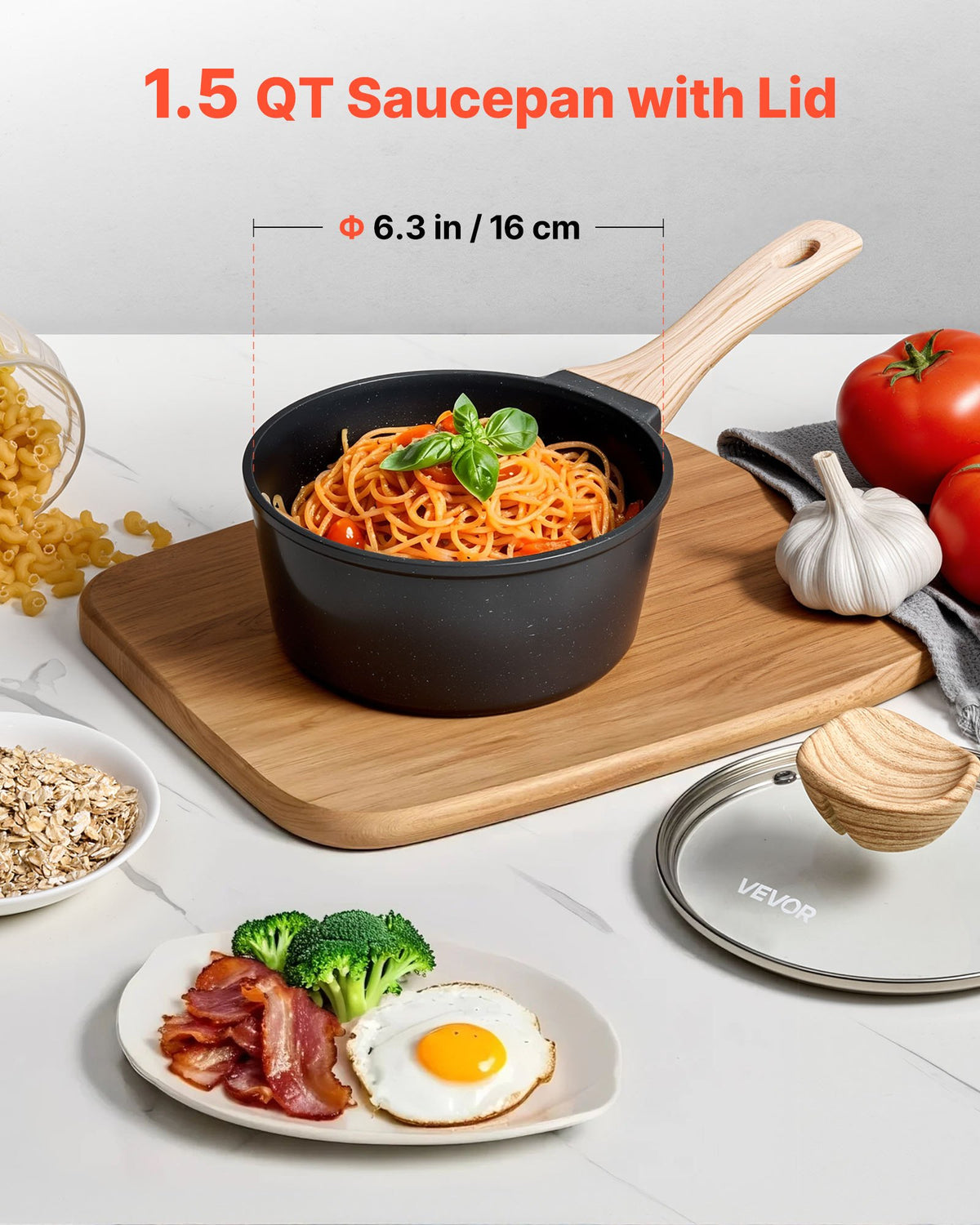 VEVOR Saucepan 1.5 L with Non-Stick Coating, Glass Lid and Removable Handle, Induction, Black