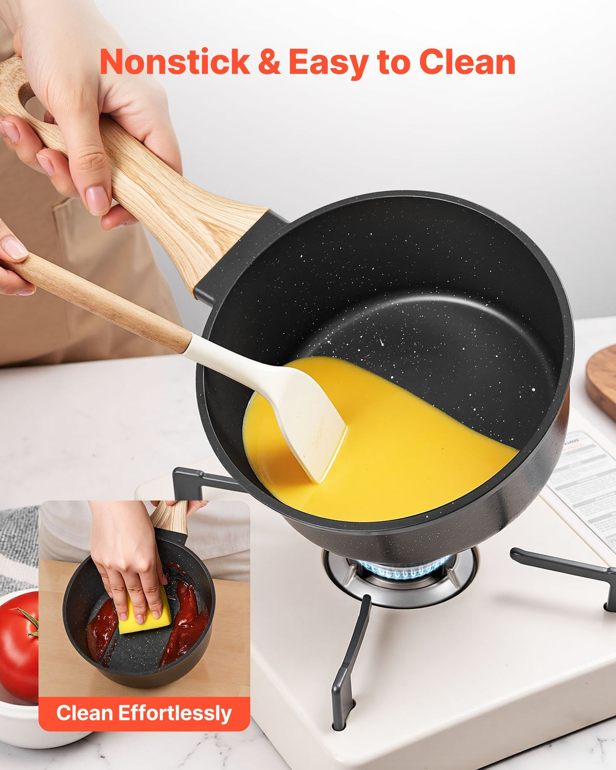 VEVOR Saucepan 1.5 L with Non-Stick Coating, Glass Lid and Removable Handle, Induction, Black