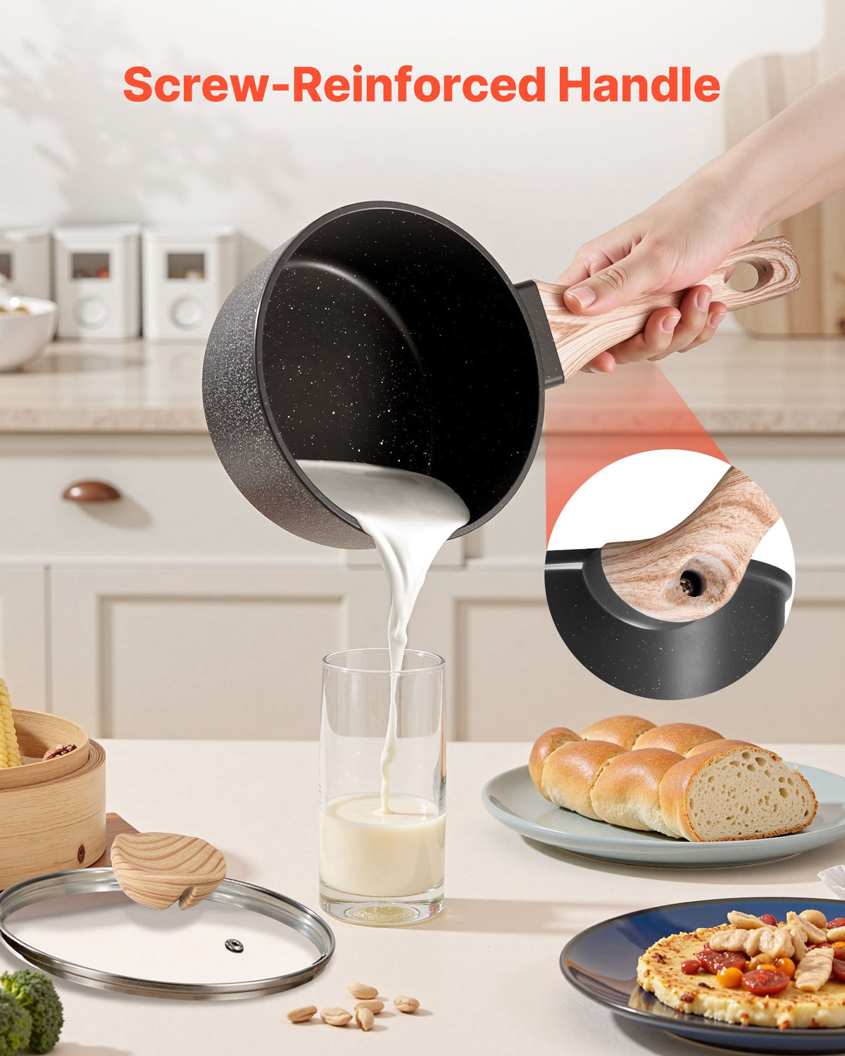 VEVOR Saucepan 1.5 L with Non-Stick Coating, Glass Lid and Removable Handle, Induction, Black