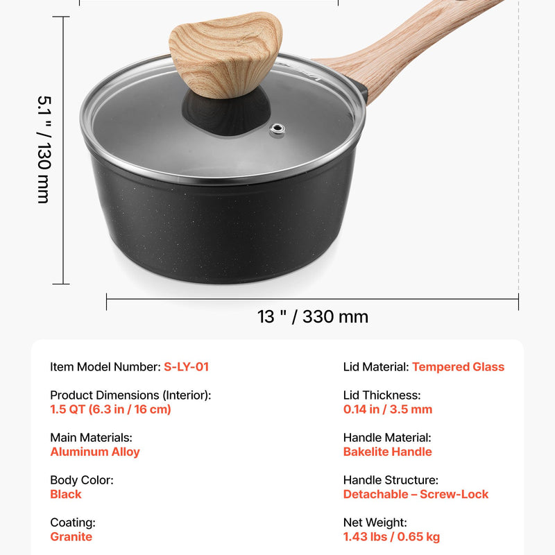 1,5 l kastrolis ar nelīpošo pārklājumu un rūdīta stikla vāku, daudzfunkcionāls katls ar noņemamu rokturi, piemērots indukcijas plītīm, melns
