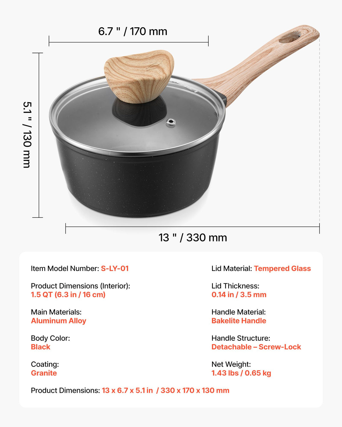 VEVOR Saucepan 1.5 L with Non-Stick Coating, Glass Lid and Removable Handle, Induction, Black