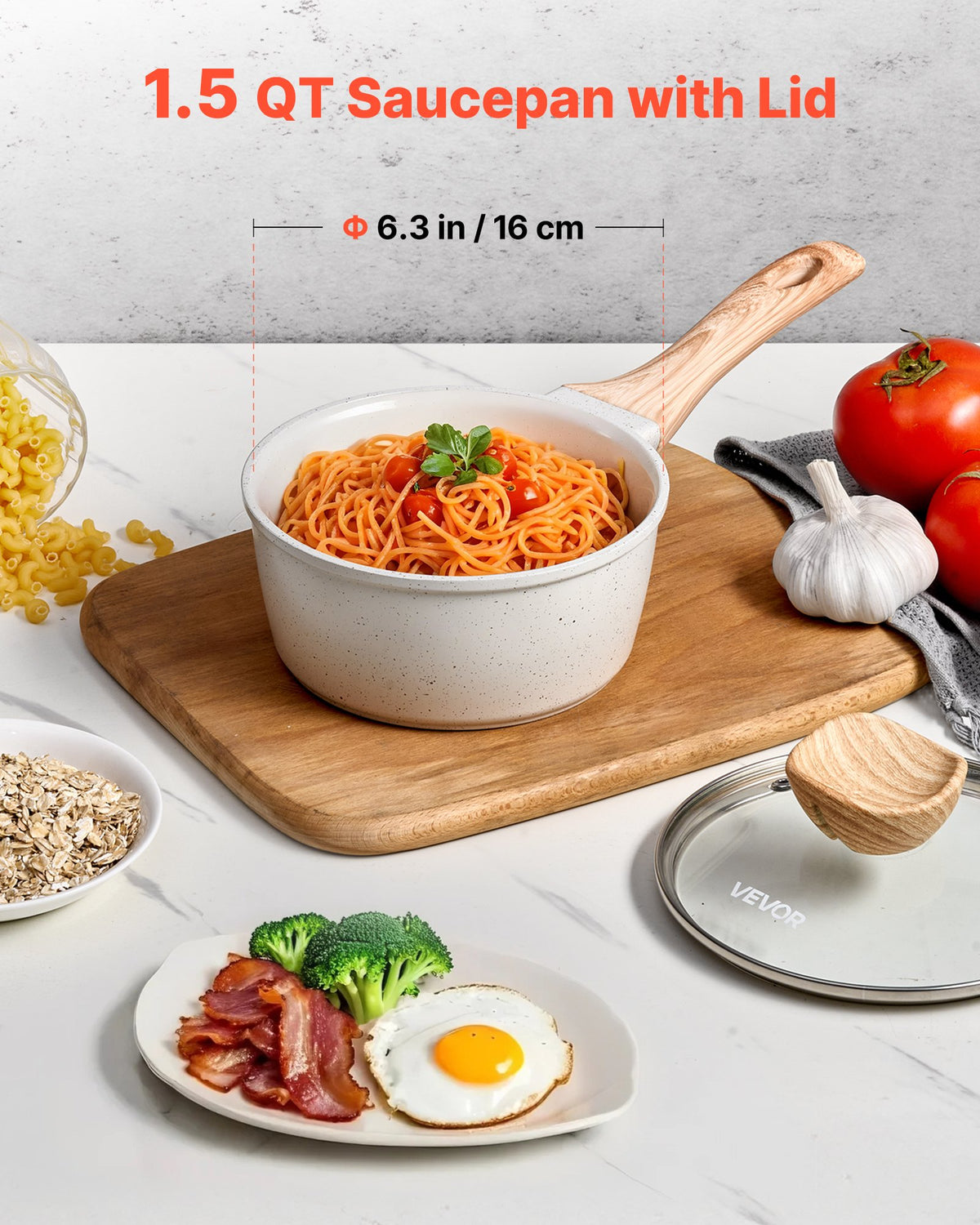 VEVOR Pot 1.5 L with Non-Stick Coating, Glass Lid and Removable Handle, Induction Compatible, White