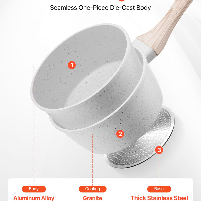 1,5 l katliņš ar nelīpošo pārklājumu un rūdīta stikla vāku, daudzfunkcionāls ar noņemamu rokturi, piemērots indukcijas plītīm, balts