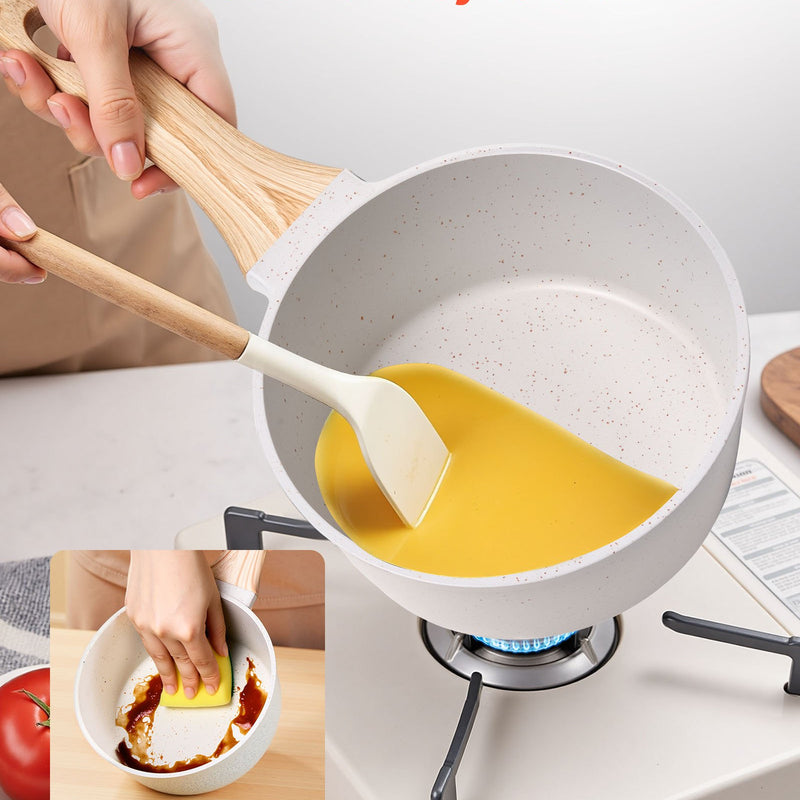 1,5 l katliņš ar nelīpošo pārklājumu un rūdīta stikla vāku, daudzfunkcionāls ar noņemamu rokturi, piemērots indukcijas plītīm, balts