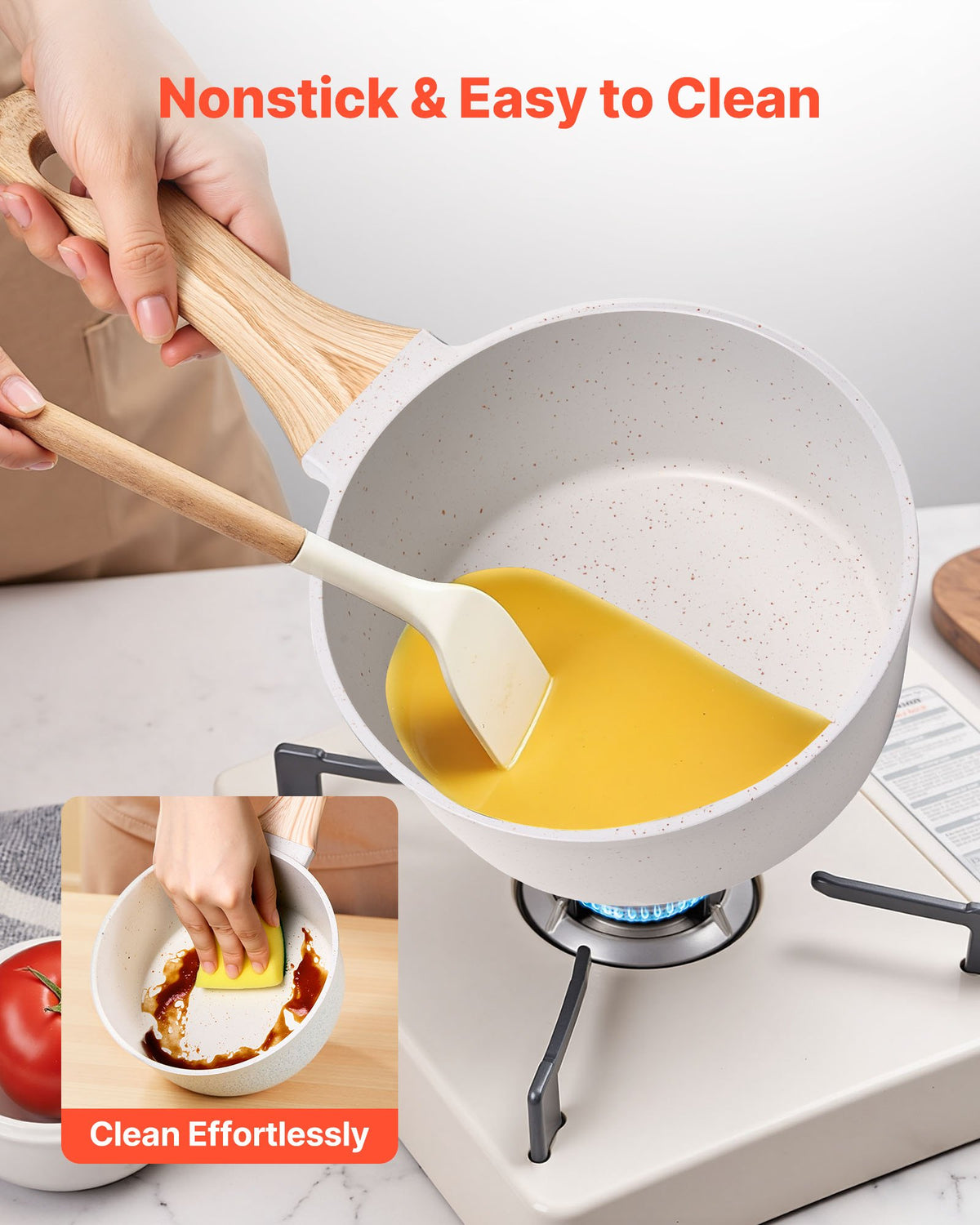 VEVOR Pot 1.5 L with Non-Stick Coating, Glass Lid and Removable Handle, Induction Compatible, White