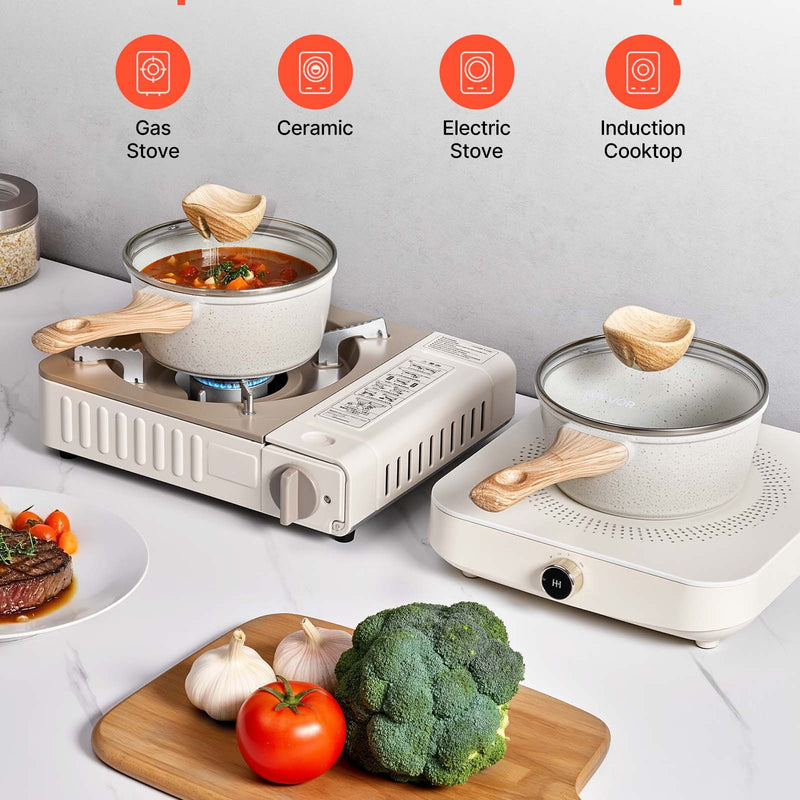 1,5 l katliņš ar nelīpošo pārklājumu un rūdīta stikla vāku, daudzfunkcionāls ar noņemamu rokturi, piemērots indukcijas plītīm, balts