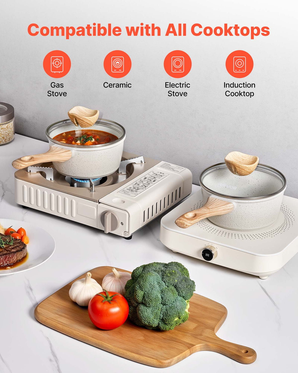 VEVOR Pot 1.5 L with Non-Stick Coating, Glass Lid and Removable Handle, Induction Compatible, White
