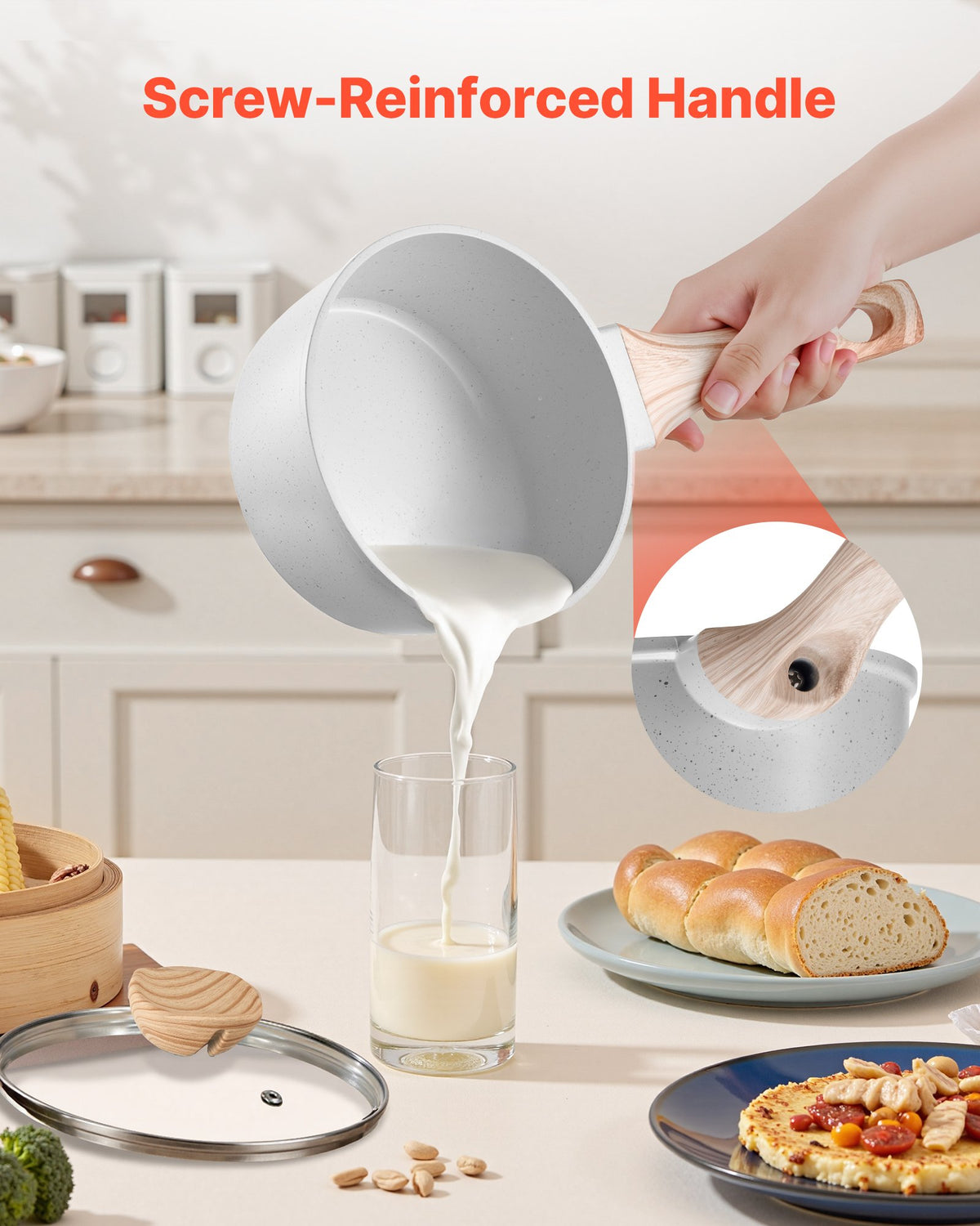 VEVOR Pot 1.5 L with Non-Stick Coating, Glass Lid and Removable Handle, Induction Compatible, White