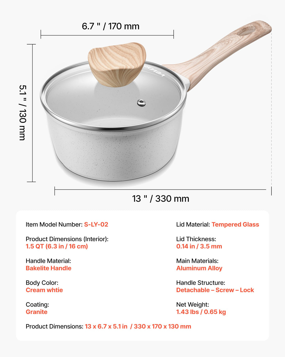 VEVOR Pot 1.5 L with Non-Stick Coating, Glass Lid and Removable Handle, Induction Compatible, White
