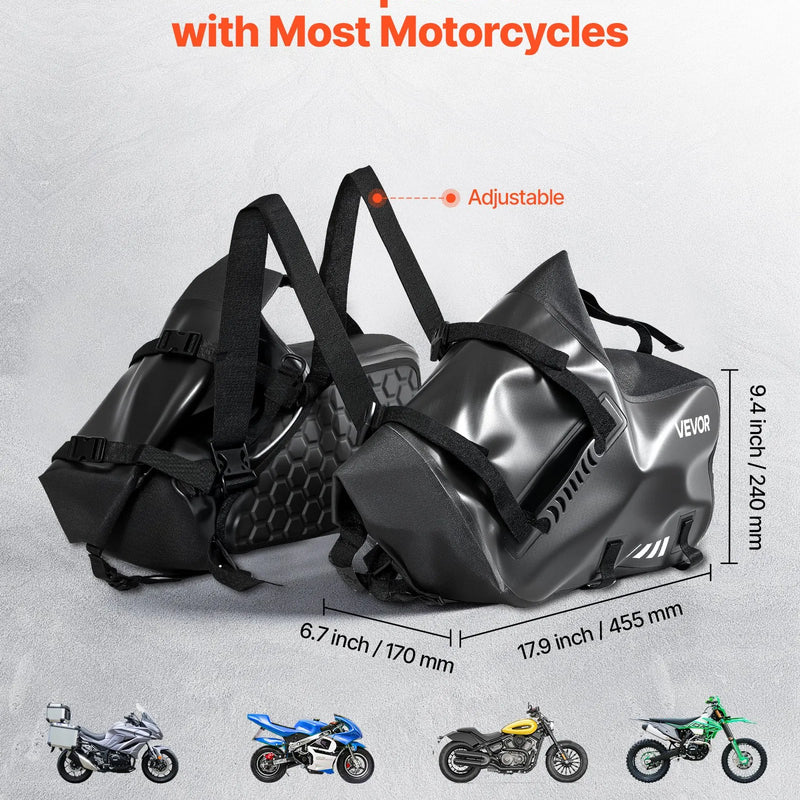 VEVOR motocikla sānu somas, 28 l (14 l x 2) lielas ietilpības motocikla sānu bagāžas somas, saderīgas ar lielāko daļu motociklu, ūdensizturīga āra motocikla bagāžas uzglabāšanas pleca soma ar apakšējo stiprinājuma siksnu, melna - ZEMLETES.LV