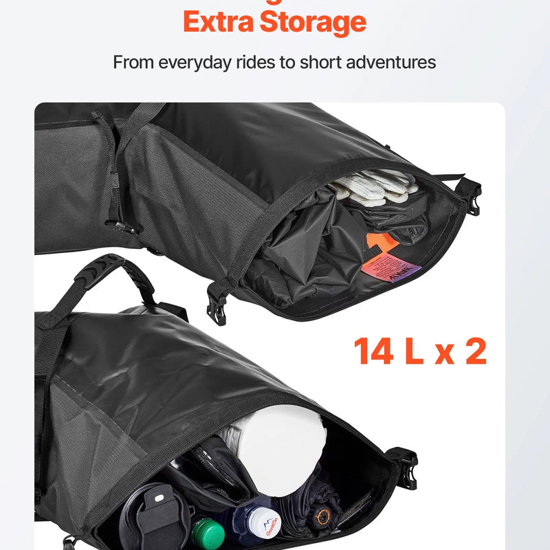 VEVOR motocikla sānu somas, 28 l (14 l x 2) lielas ietilpības motocikla sānu bagāžas somas, saderīgas ar lielāko daļu motociklu, ūdensizturīga āra motocikla bagāžas uzglabāšanas pleca soma ar apakšējo stiprinājuma siksnu, melna - ZEMLETES.LV
