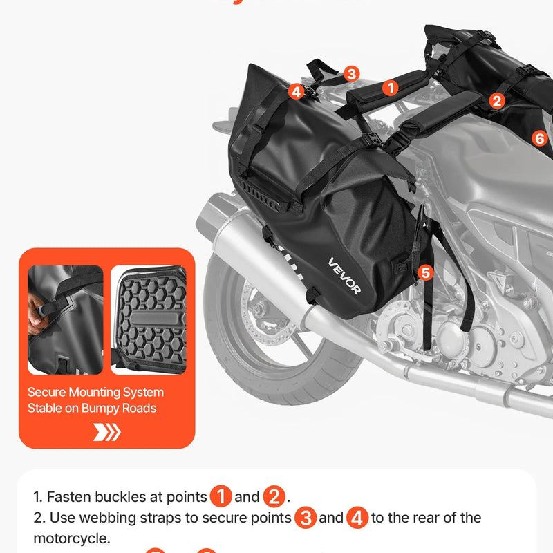 VEVOR motocikla sānu somas, 28 l (14 l x 2) lielas ietilpības motocikla sānu bagāžas somas, saderīgas ar lielāko daļu motociklu, ūdensizturīga āra motocikla bagāžas uzglabāšanas pleca soma ar apakšējo stiprinājuma siksnu, melna - ZEMLETES.LV