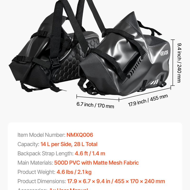 VEVOR motocikla sānu somas, 28 l (14 l x 2) lielas ietilpības motocikla sānu bagāžas somas, saderīgas ar lielāko daļu motociklu, ūdensizturīga āra motocikla bagāžas uzglabāšanas pleca soma ar apakšējo stiprinājuma siksnu, melna - ZEMLETES.LV