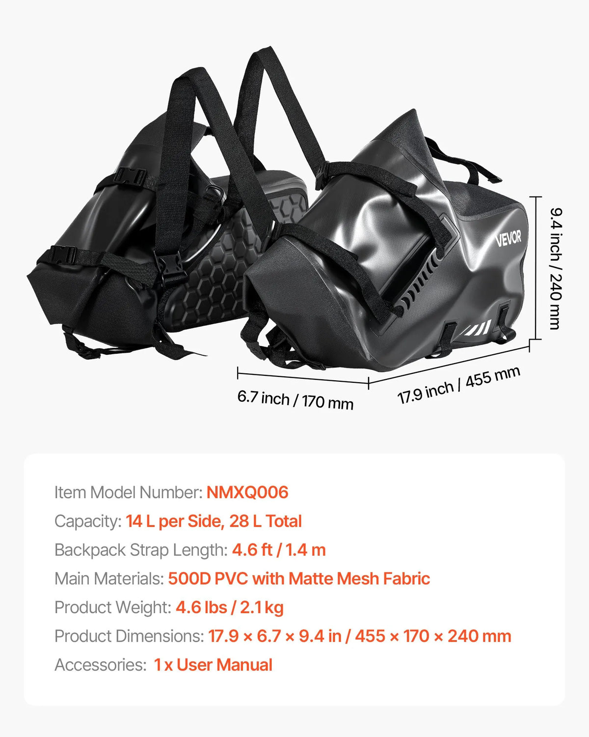 VEVOR motocikla sānu somas, 28 l (14 l x 2) lielas ietilpības motocikla sānu bagāžas somas, saderīgas ar lielāko daļu motociklu, ūdensizturīga āra motocikla bagāžas uzglabāšanas pleca soma ar apakšējo stiprinājuma siksnu, melna - ZEMLETES.LV