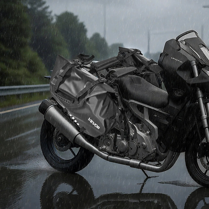 VEVOR motocikla sānu somas, 28 l (14 l x 2) lielas ietilpības motocikla sānu bagāžas somas, saderīgas ar lielāko daļu motociklu, ūdensizturīga āra motocikla bagāžas uzglabāšanas pleca soma ar apakšējo stiprinājuma siksnu, melna - ZEMLETES.LV