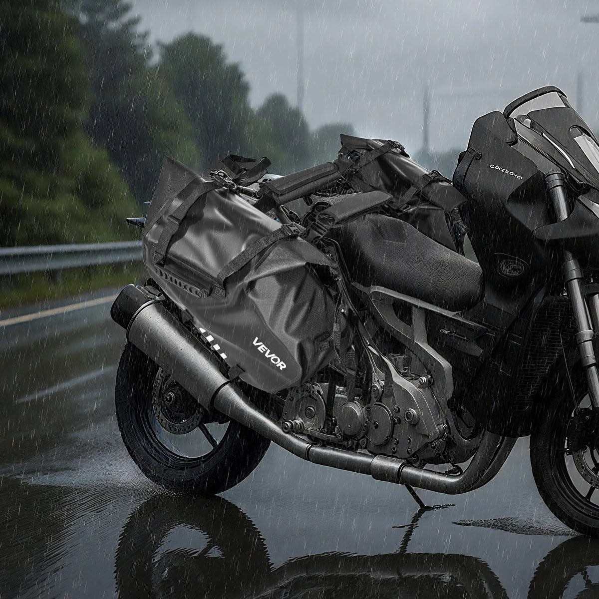 VEVOR motocikla sānu somas, 28 l (14 l x 2) lielas ietilpības motocikla sānu bagāžas somas, saderīgas ar lielāko daļu motociklu, ūdensizturīga āra motocikla bagāžas uzglabāšanas pleca soma ar apakšējo stiprinājuma siksnu, melna - ZEMLETES.LV