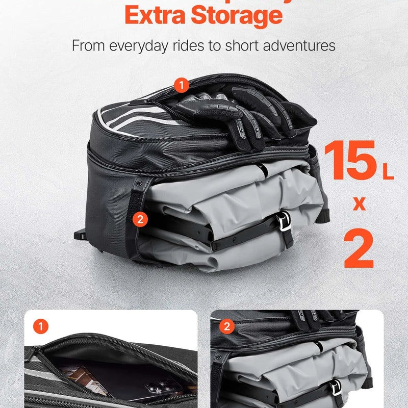VEVOR motocikla sānu soma, 30 l (15 l x 2) ietilpīga motocikla sānu bagāžas soma ar ūdensnecaurlaidīgu lietus pārsegu un stiprinājuma siksnām, saderīga ar lielāko daļu motociklu, āra sporta motocikla bagāžas uzglabāšanas soma, melna - ZEMLETES.LV