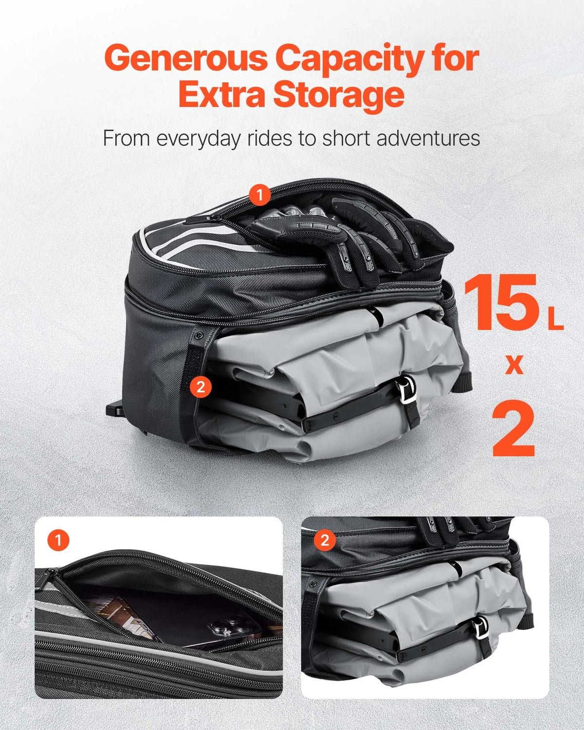 VEVOR motocikla sānu soma, 30 l (15 l x 2) ietilpīga motocikla sānu bagāžas soma ar ūdensnecaurlaidīgu lietus pārsegu un stiprinājuma siksnām, saderīga ar lielāko daļu motociklu, āra sporta motocikla bagāžas uzglabāšanas soma, melna - ZEMLETES.LV