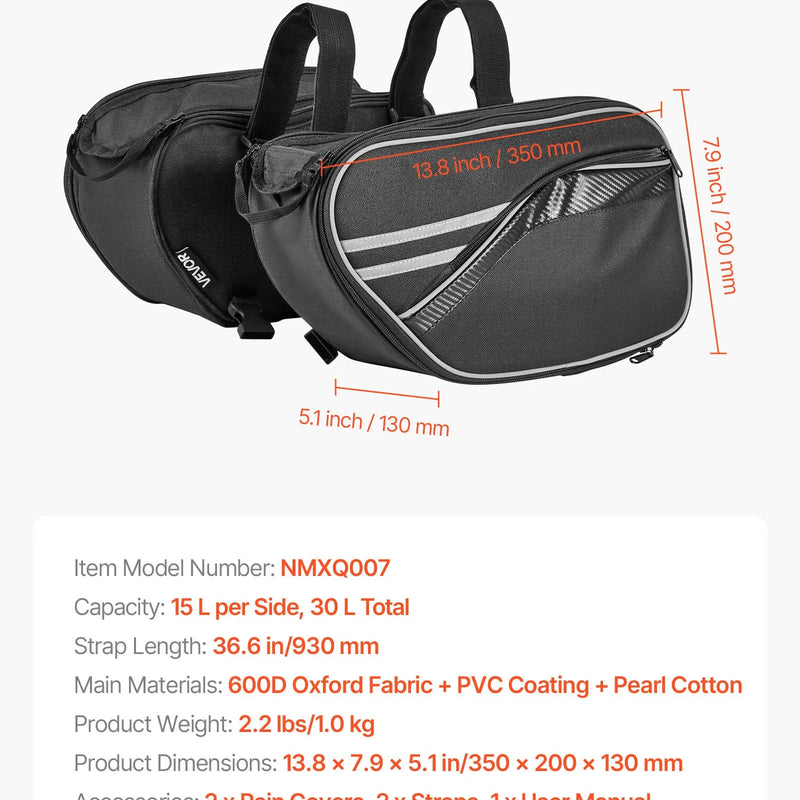VEVOR motocikla sānu soma, 30 l (15 l x 2) ietilpīga motocikla sānu bagāžas soma ar ūdensnecaurlaidīgu lietus pārsegu un stiprinājuma siksnām, saderīga ar lielāko daļu motociklu, āra sporta motocikla bagāžas uzglabāšanas soma, melna - ZEMLETES.LV