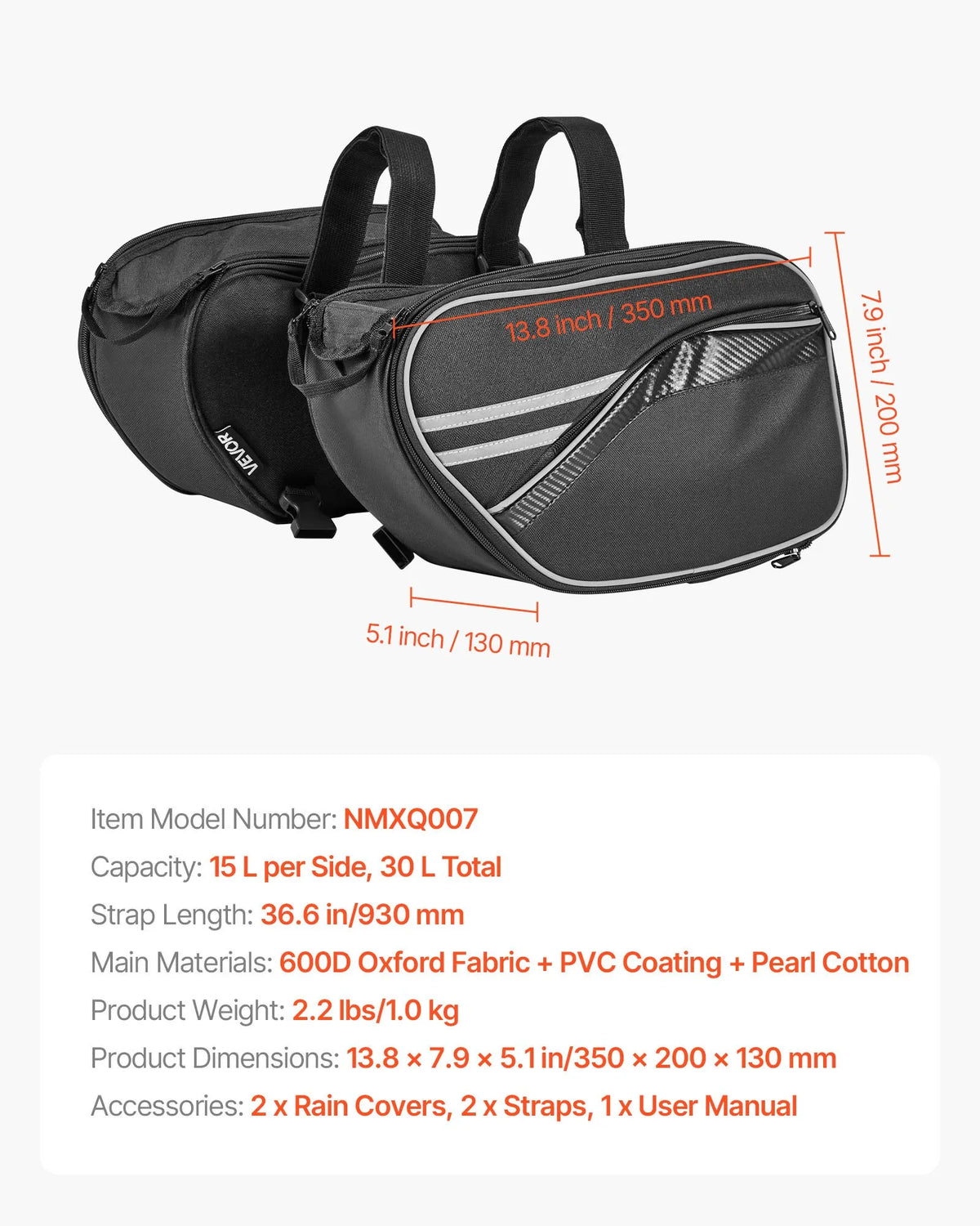 VEVOR motocikla sānu soma, 30 l (15 l x 2) ietilpīga motocikla sānu bagāžas soma ar ūdensnecaurlaidīgu lietus pārsegu un stiprinājuma siksnām, saderīga ar lielāko daļu motociklu, āra sporta motocikla bagāžas uzglabāšanas soma, melna - ZEMLETES.LV
