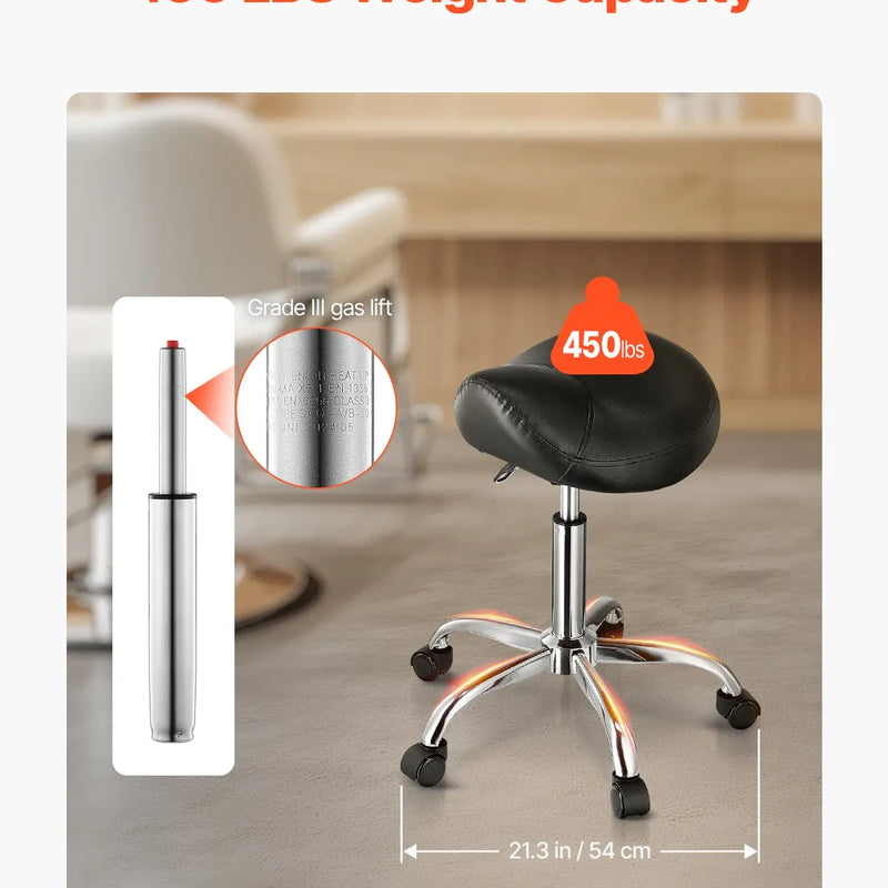 VEVOR ergonomiska seglu taburete ar riteņiem, regulējamu augstumu, biezu PU ādas sēdekli un 204 kg slodzi, salonam, spa, masāžai, tetovēšanai un klīnikai, melna