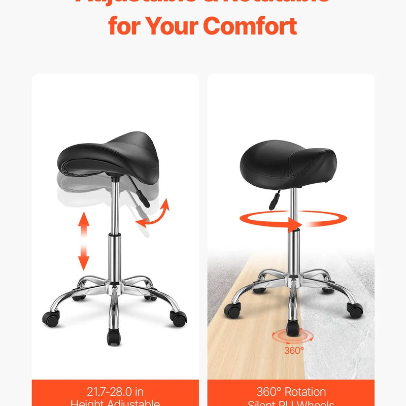 VEVOR ergonomiska seglu taburete ar riteņiem, regulējamu augstumu, biezu PU ādas sēdekli un 204 kg slodzi, salonam, spa, masāžai, tetovēšanai un klīnikai, melna